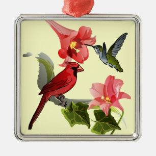 Kardinal och Hummingbird med rosa liljar och Julgransprydnad Metall