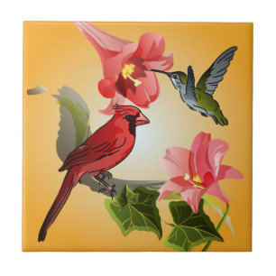 Kardinal och Hummingbird med rosa liljar och Kakelplatta
