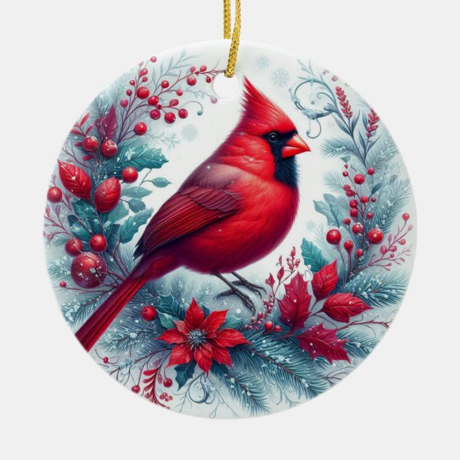 Kardinal och jul Holly Julgransprydnad Keramik (Framsidan)