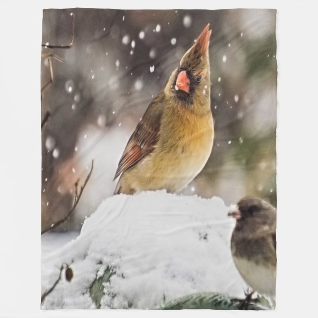 Kardinal och Sparrow i Snö Fleecefilt (Framsidan)