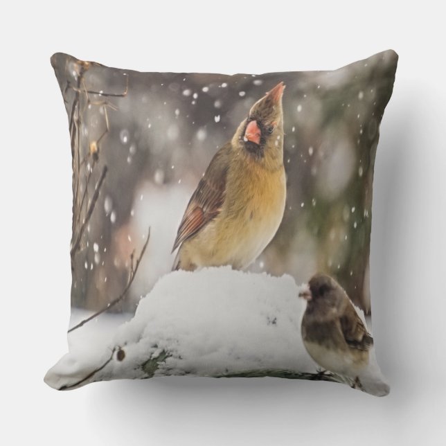 Kardinal och Sparrow i Snö Utomhuskudde (Framsida)