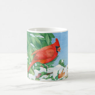 Kardinal på en snöbuske kaffemugg