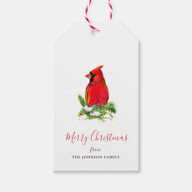 Kardinal på gräs gren vattenfärg, målad presentetikett (Framsidan)
