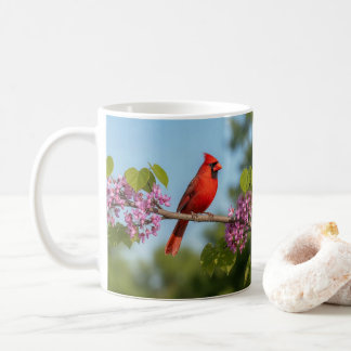 Kardinal på gren av judasträd kaffemugg