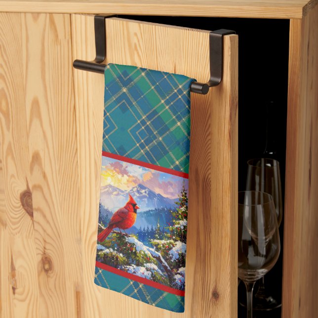 Kardinal på Grönt, blått, Guld, julpapp Kökshandduk (Thirds Fold)