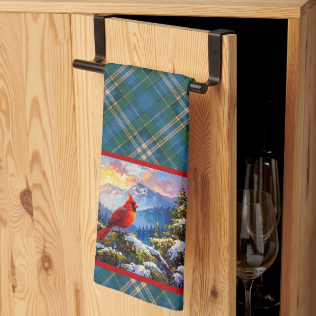 Kardinal på Grönt, blått, Guld, julpapp Kökshandduk (Thirds Fold)