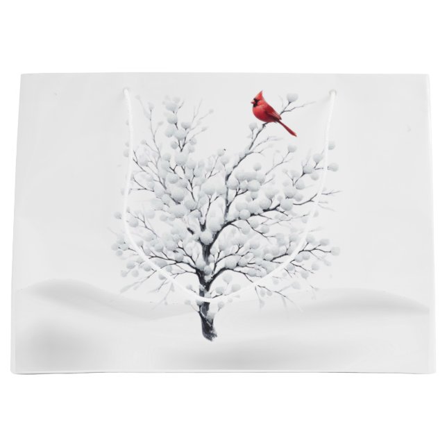 Kardinal på snöig julgran presentpåse (Framsidan)