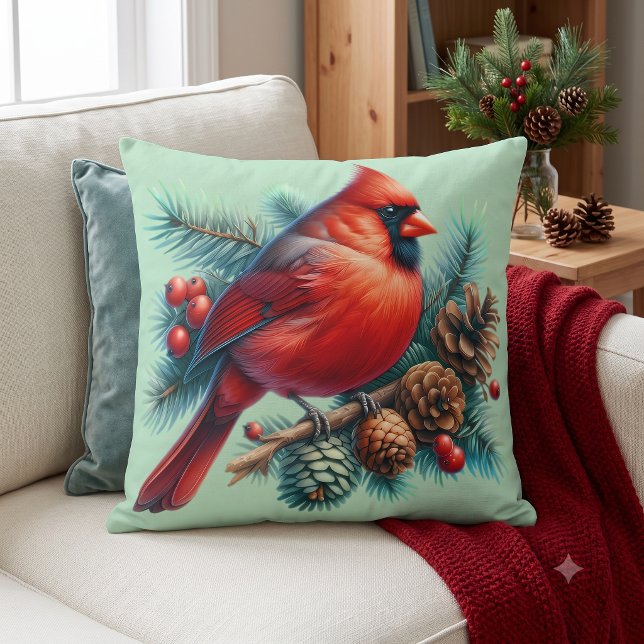 Kardinal på tallgren med vinterbär kudde (Cardinal on Pine Branch with Winter Berries Throw Pillow)