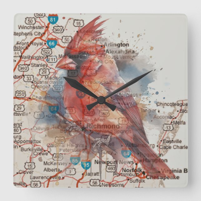 Kardinal på Virginia Road Karta Fyrkantig Klocka (Framsida)