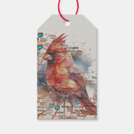 Kardinal på Virginia vägkarta akvarell konst, Presentetikett