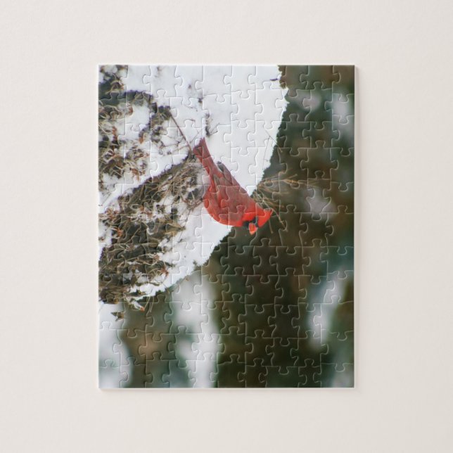 Kardinal Perched på en Snowy Bush Pussel (Vertikal)