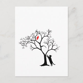 Kardinal Red Bird i Snowy Winter Träd & Cat Vykort