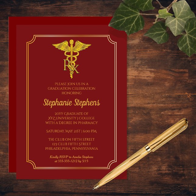 Kardinal Red | Guld Rx Pharmacy Studentfest Inbjudningar (Cardinal Red and Gold Tone Rx Pharmacy Graduation Party Invitation)