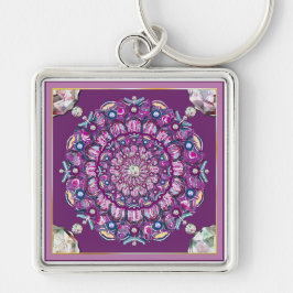 Kardinal Red Rosace Fyrkantig Silverfärgad Nyckelring