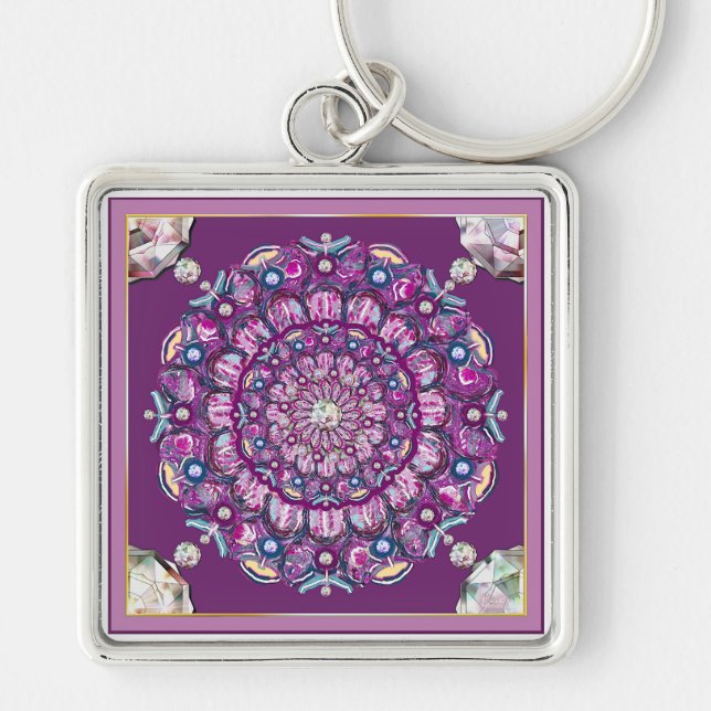 Kardinal Red Rosace Fyrkantig Silverfärgad Nyckelring (Framsidan)