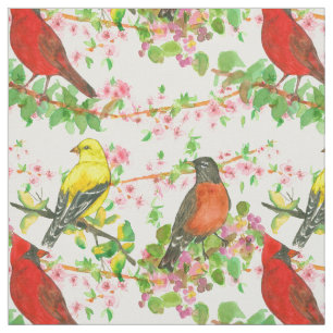 Kardinal Robins Goldfinch Vår Träd Botanical Tyg