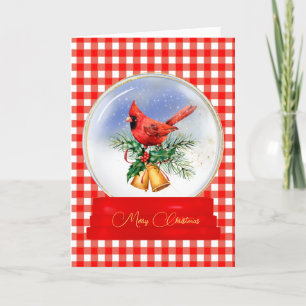 Kardinal Snö Globe på Red Gingham-julkort Tack Kort