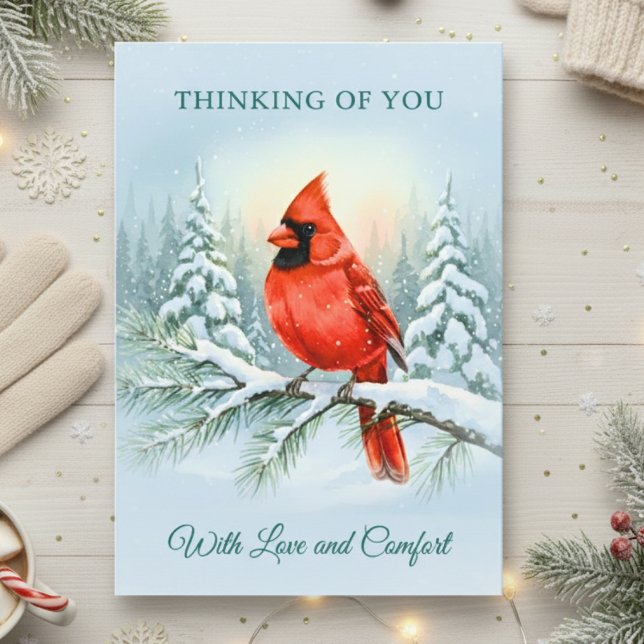 Kardinal Vattenfärg Jul Sympati Minneskort Kort (Watercolor Cardinal Winter Sympathy Remembrance Card)