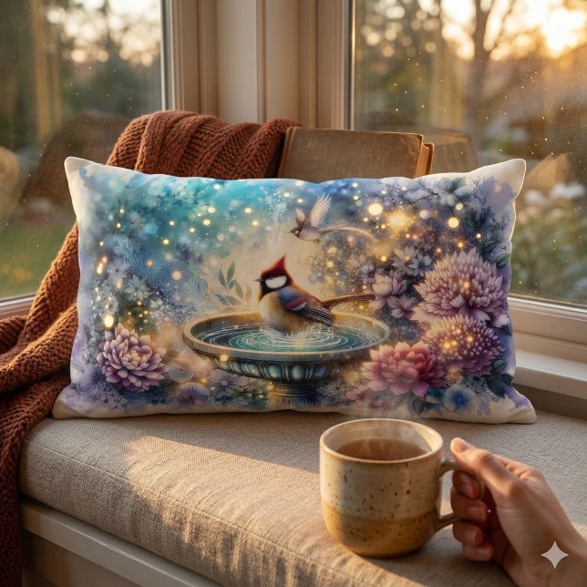 Kardinal vid fågelbad Drömmarisk trädgård Lumbarkudde (Cardinal at Birdbath Dreamy Garden Ar Lumbar Pillow Mockup D)