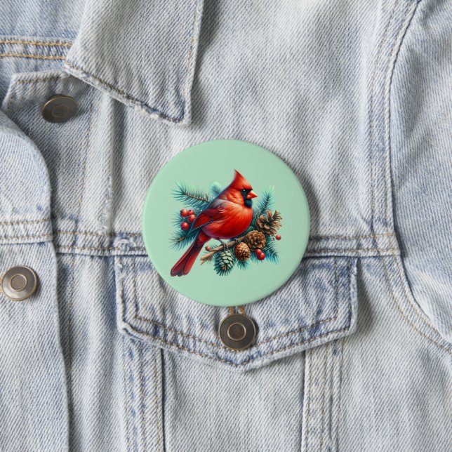 Kardinal vid Gräs Gren med Winter Berries Knapp (In Situ)