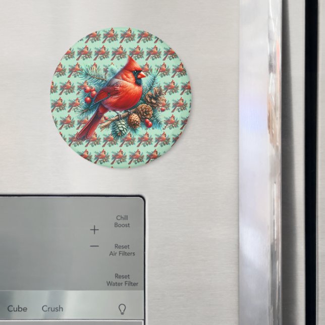 Kardinal vid Gräs Gren med Winter Berries Magnet (In Situ (Fridge))