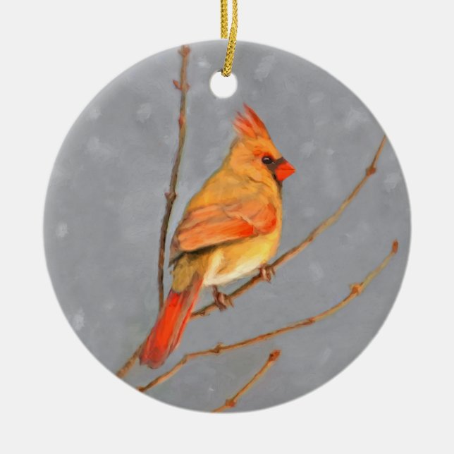 Kardinal vid Gren-målning - originalbild av fågel Julgransprydnad Keramik (Framsidan)
