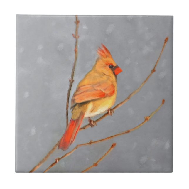 Kardinal vid Gren-målning - originalbild av fågel Kakelplatta (Framsidan)