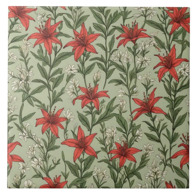 Kardinalblommor och löv mönster kakelplatta (Framsidan)