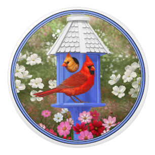 Kardinaler och Blue Birdhouse Knopp