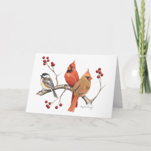 Kardinaler och Chickadee med Winter Berries Kort