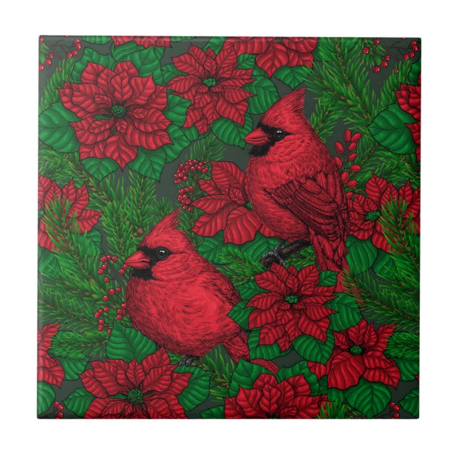 Kardinaler och poinsettia för jul kakelplatta (Framsidan)
