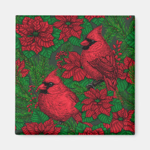 Kardinaler och poinsettia för jul magnet
