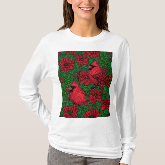 Kardinaler och poinsettia för jul t shirt (Framsida)