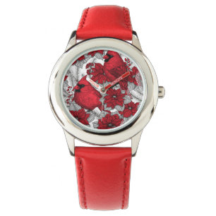 Kardinaler och poinsettia i rött och vitt armbandsur
