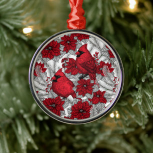 Kardinaler och poinsettia i rött och vitt julgransprydnad metall