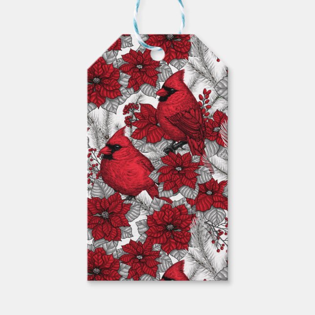 Kardinaler och poinsettia i rött och vitt presentetikett (Framsidan)