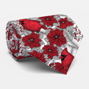 Kardinaler och poinsettia i rött och vitt slips