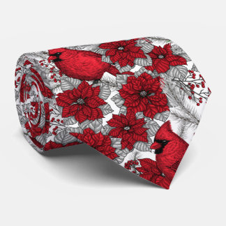 Kardinaler och poinsettia i rött och vitt slips