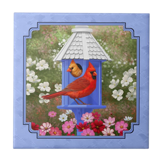 Kardinaler och Round Birdhouse Blue Kakelplatta (Framsidan)
