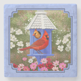 Kardinaler och Round Birdhouse Blue Stenunderlägg
