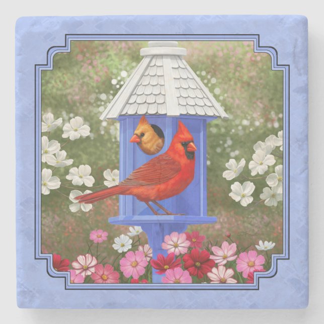 Kardinaler och Round Birdhouse Blue Stenunderlägg (Framsidan)