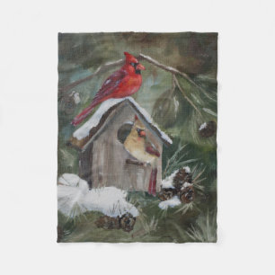 Kardinaler på snöig Birdhouse Fleecefilt