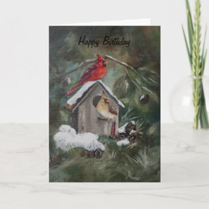 Kardinaler på snöig Birdhouse Helgkort