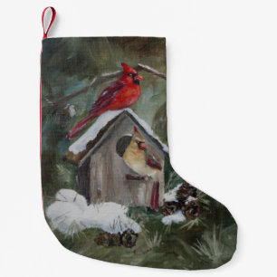 Kardinaler på snöig Birdhouse Liten Julstrumpa