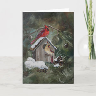 Kardinaler på Snowy Birdhouse Helgkort