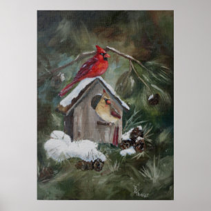 Kardinaler på Snowy Birdhouse Poster