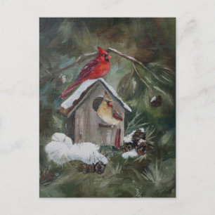 Kardinaler på Snowy Birdhouse Vykort