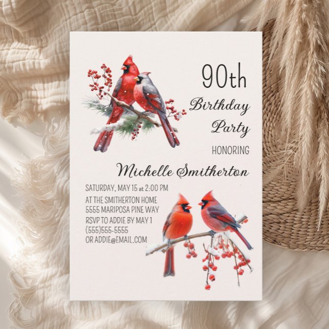 Kardinaler Snö Vinter Fåglar 90-årsdag Inbjudningar (Red cardinals women's 90th birthday party invitation)