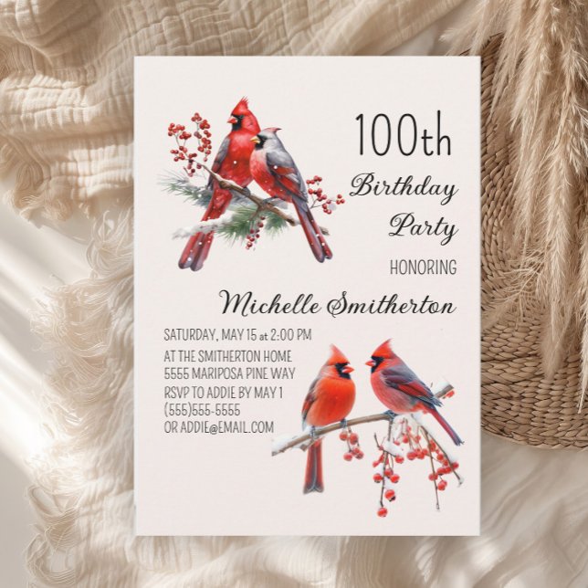 Kardinaler Snö Vinterfåglar 100-årsdag Inbjudningar (Red cardinals women's 100th birthday party invitation)