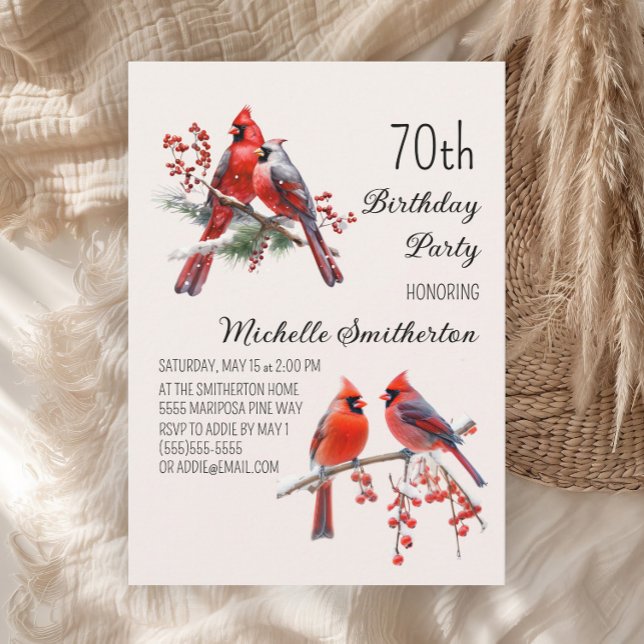 Kardinaler Snö Winter Birds 70:e födelsedagen Inbjudningar (Red cardinals 70th birthday party invitation)